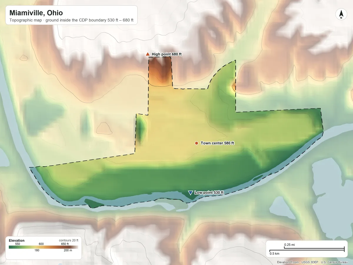 Topographic elevation map of Miamiville, Ohio, shaded from 530 ft on the south side to 680 ft on the northwest side