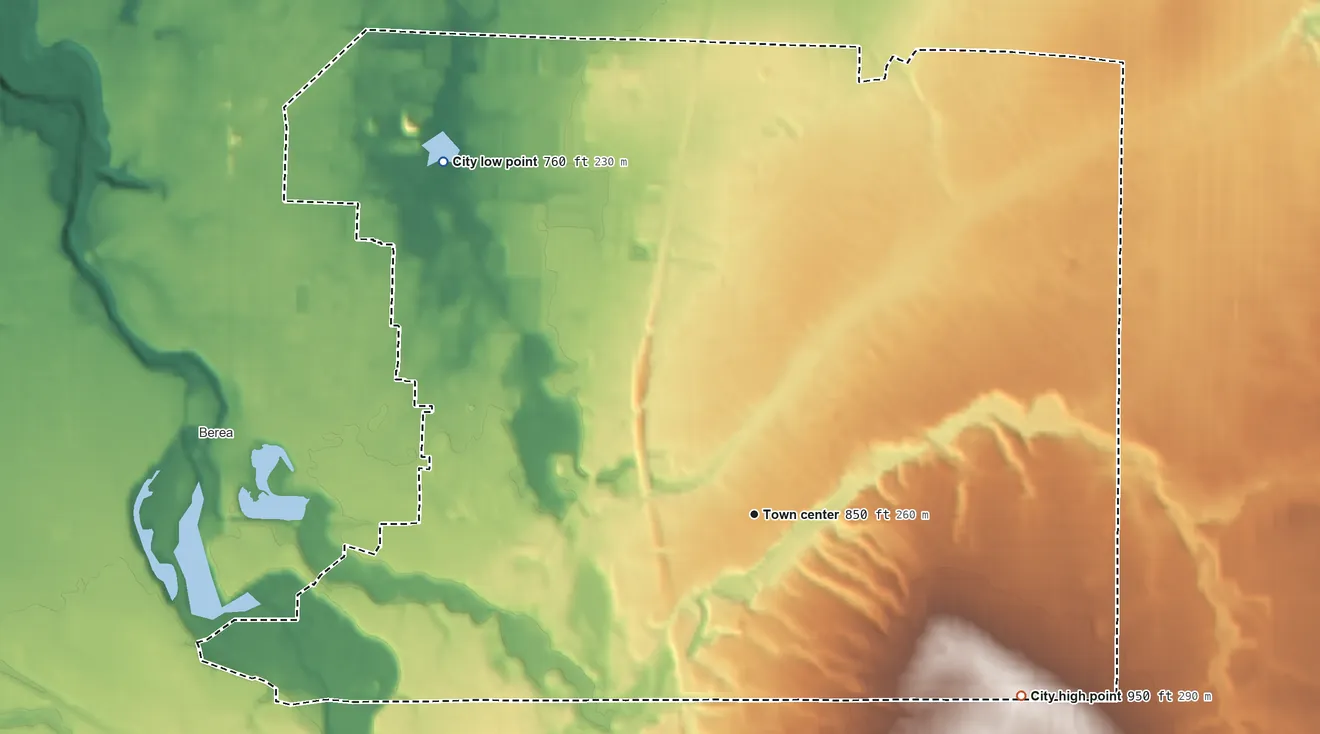Topographic elevation map of Middleburg Heights, Ohio, shaded from 760 ft on the northwest side to 950 ft on the southeast side