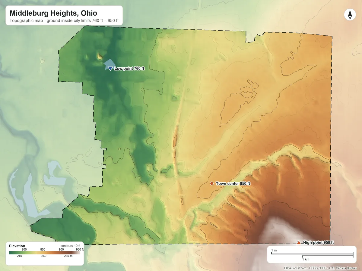 Topographic elevation map of Middleburg Heights, Ohio, shaded from 760 ft on the northwest side to 950 ft on the southeast side