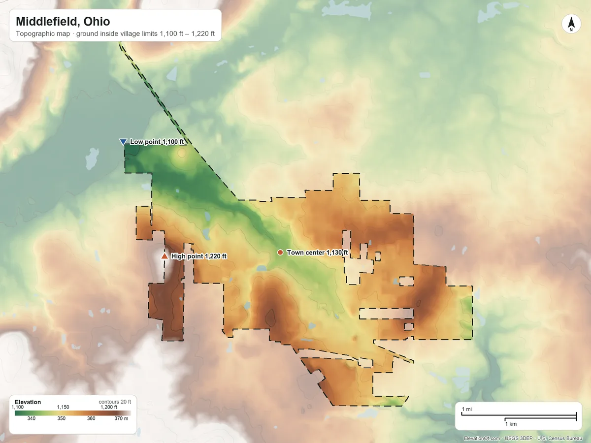 Topographic elevation map of Middlefield, Ohio, shaded from 1,100 ft on the northwest side to 1,220 ft on the west side