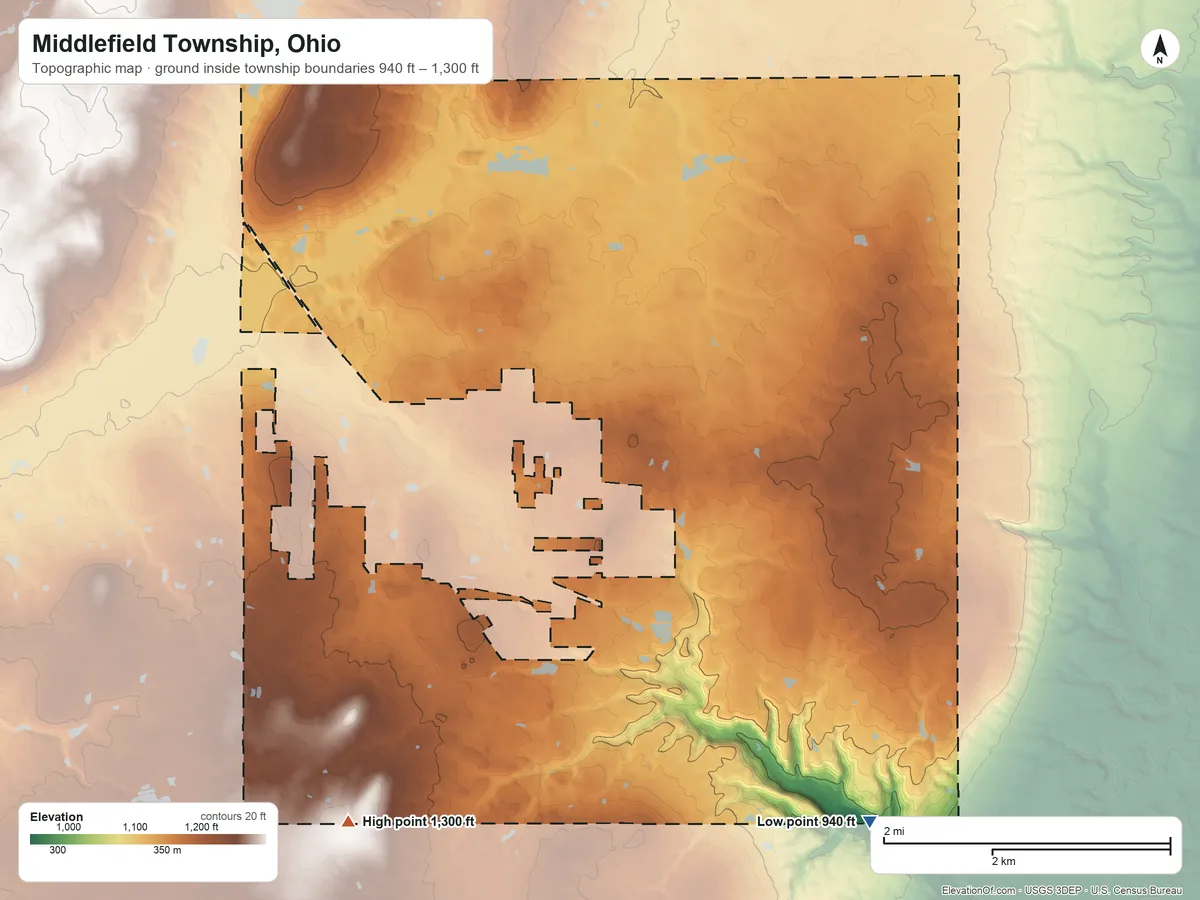 Topographic elevation map of Middlefield Township, Ohio, shaded from 940 ft on the southeast side to 1,300 ft on the southwest side