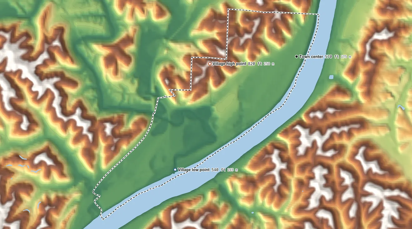 Topographic elevation map of Middleport, Ohio, shaded from 540 ft on the southwest side to 820 ft on the west side