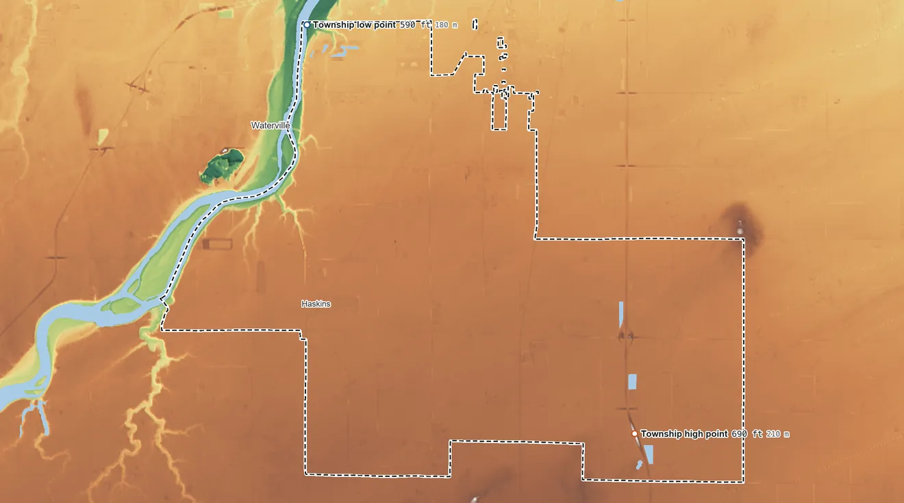 Topographic elevation map of Middleton Township, Ohio, shaded from 590 ft on the northwest side to 690 ft on the southeast side