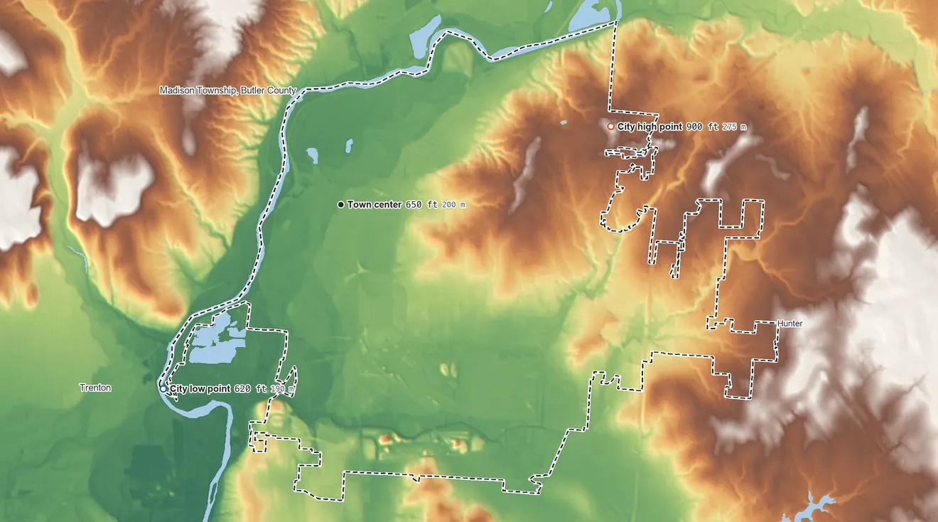 Topographic elevation map of Middletown, Ohio, shaded from 620 ft on the southwest side to 900 ft on the east side