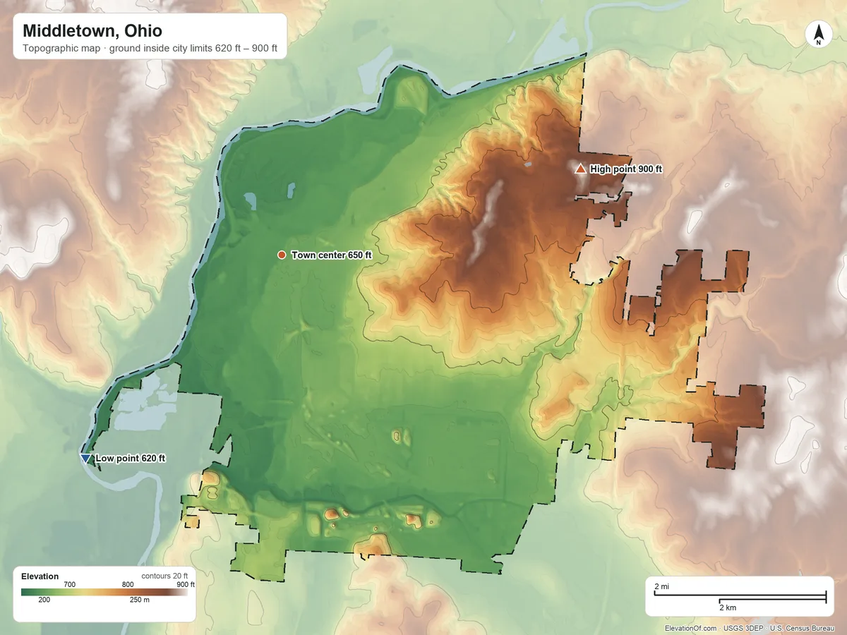 Topographic elevation map of Middletown, Ohio, shaded from 620 ft on the southwest side to 900 ft on the east side