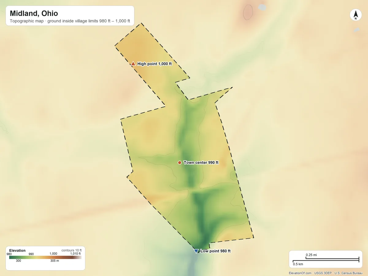 Topographic elevation map of Midland, Ohio, shaded from 980 ft on the south side to 1,000 ft on the northwest side