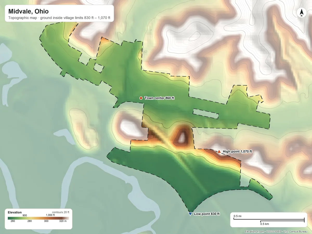Topographic elevation map of Midvale, Ohio, shaded from 830 ft on the southeast side to 1,070 ft on the southeast side