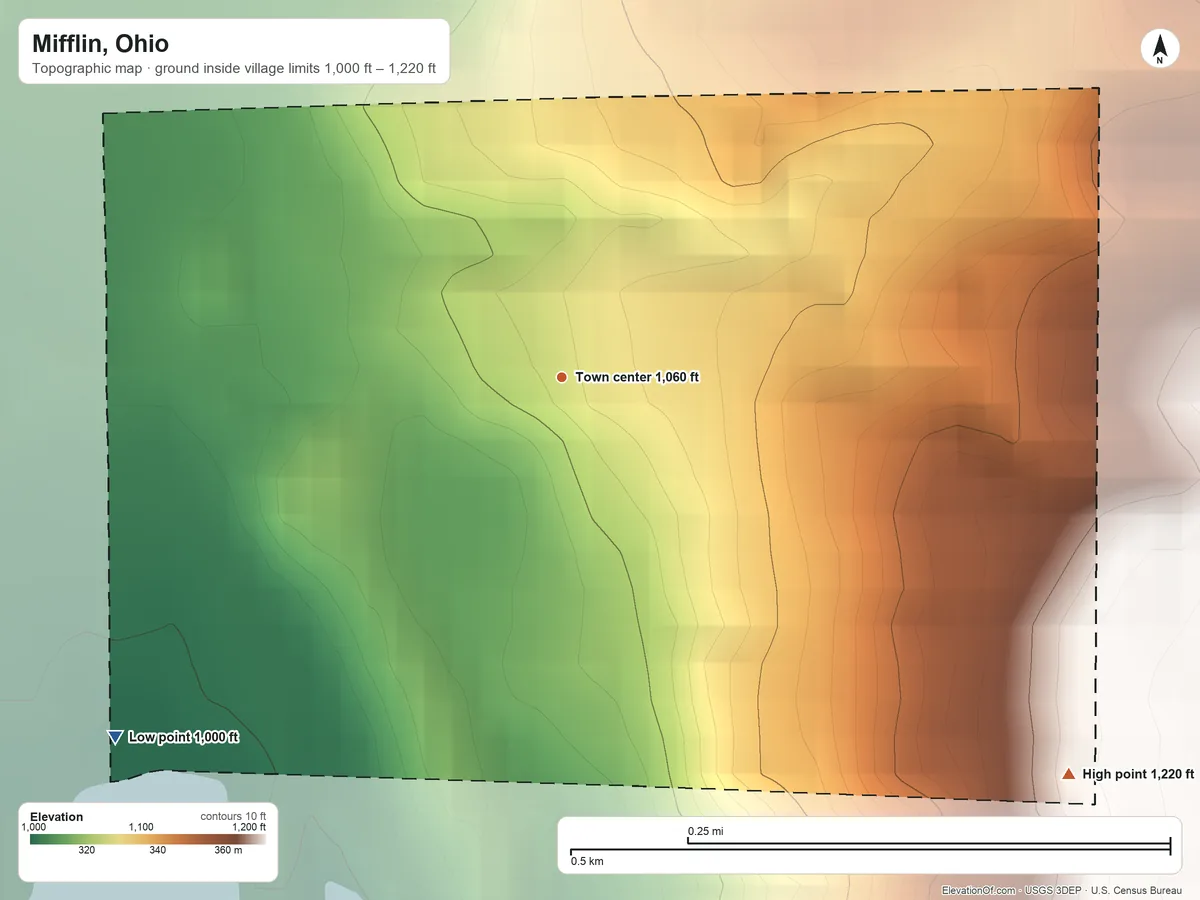 Topographic elevation map of Mifflin, Ohio, shaded from 1,000 ft on the southwest side to 1,220 ft on the southeast side