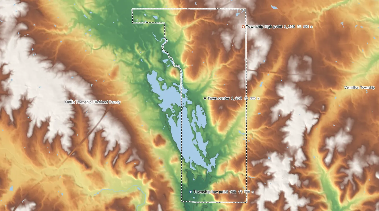 Topographic elevation map of Mifflin Township, Ashland County, Ohio, shaded from 980 ft on the south side to 1,320 ft on the northeast side