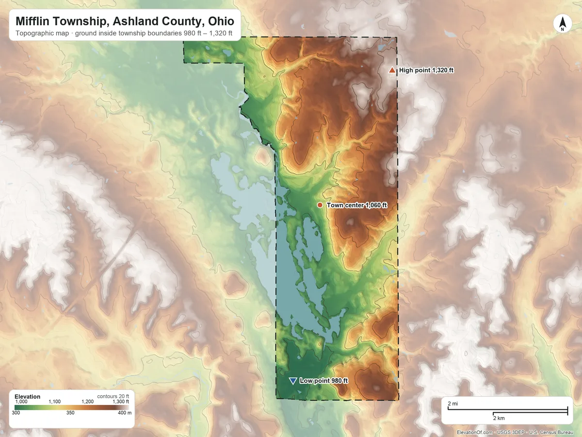 Topographic elevation map of Mifflin Township, Ashland County, Ohio, shaded from 980 ft on the south side to 1,320 ft on the northeast side
