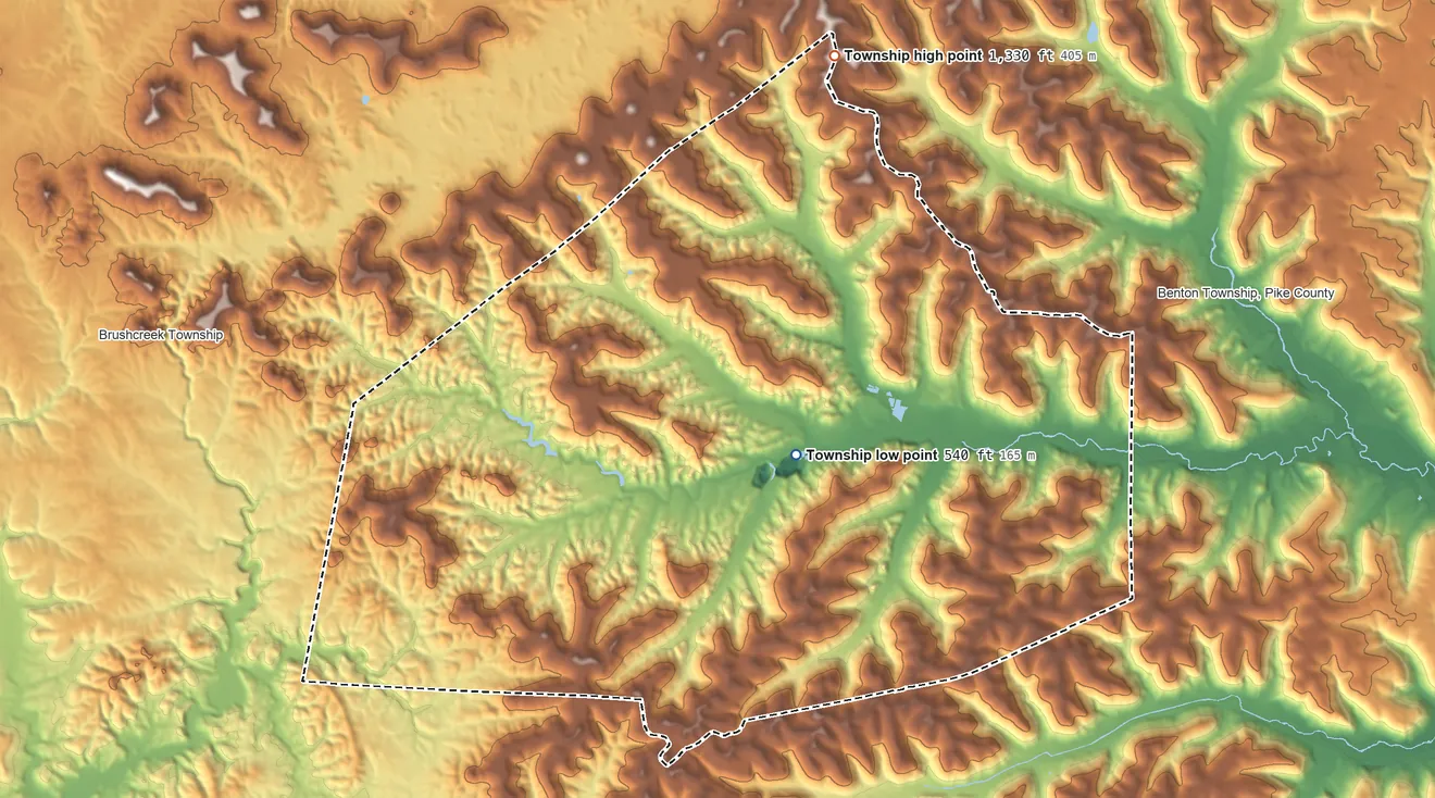 Topographic elevation map of Mifflin Township, Pike County, Ohio, shaded from 540 ft near the middle to 1,330 ft on the north side