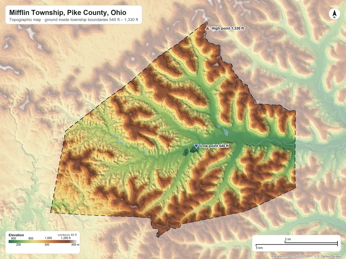 Topographic elevation map of Mifflin Township, Pike County, Ohio, shaded from 540 ft near the middle to 1,330 ft on the north side