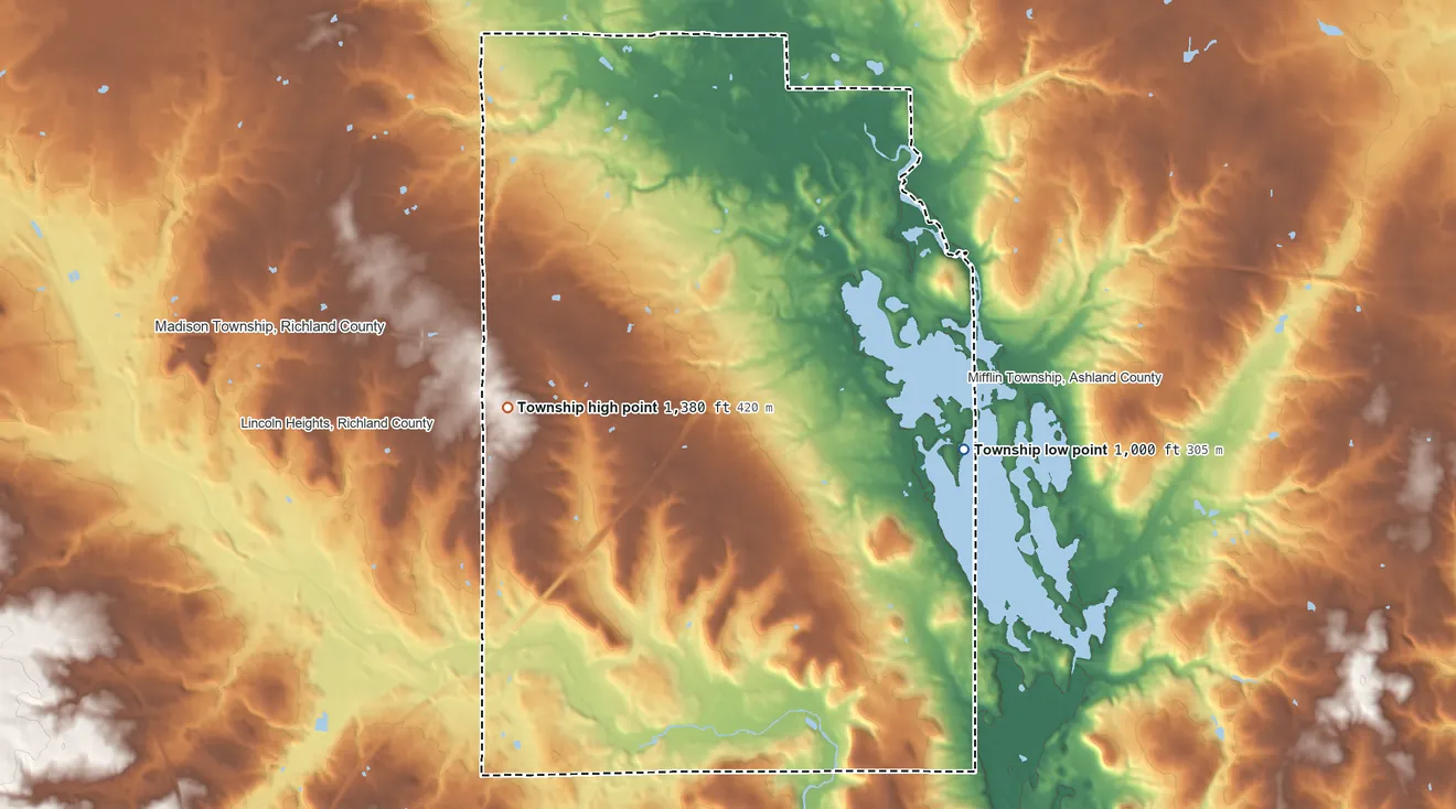 Topographic elevation map of Mifflin Township, Richland County, Ohio, shaded from 1,000 ft on the east side to 1,380 ft on the west side