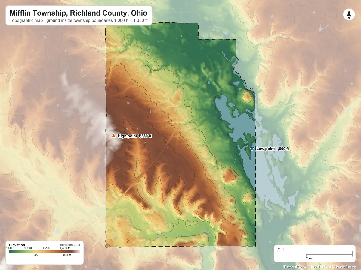 Topographic elevation map of Mifflin Township, Richland County, Ohio, shaded from 1,000 ft on the east side to 1,380 ft on the west side