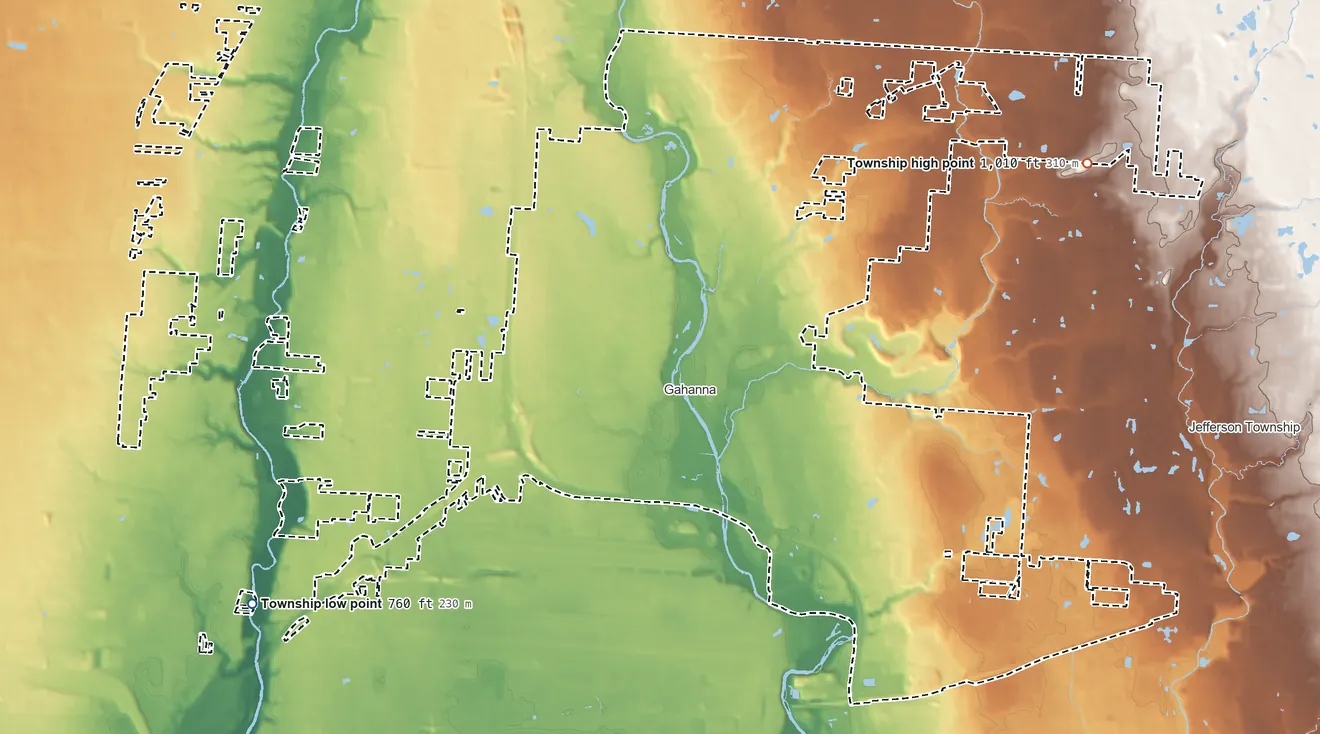 Topographic elevation map of Mifflin Township, Ohio, shaded from 760 ft on the southwest side to 1,010 ft on the east side