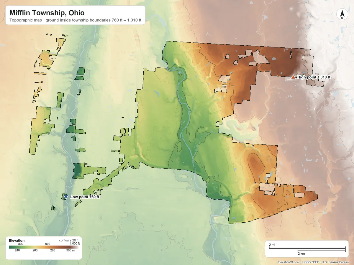 Topographic elevation map of Mifflin Township, Ohio, shaded from 760 ft on the southwest side to 1,010 ft on the east side