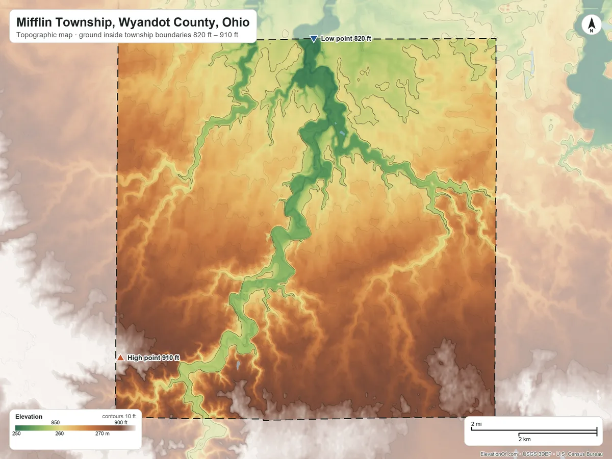 Topographic elevation map of Mifflin Township, Wyandot County, Ohio, shaded from 820 ft on the north side to 910 ft on the southwest side