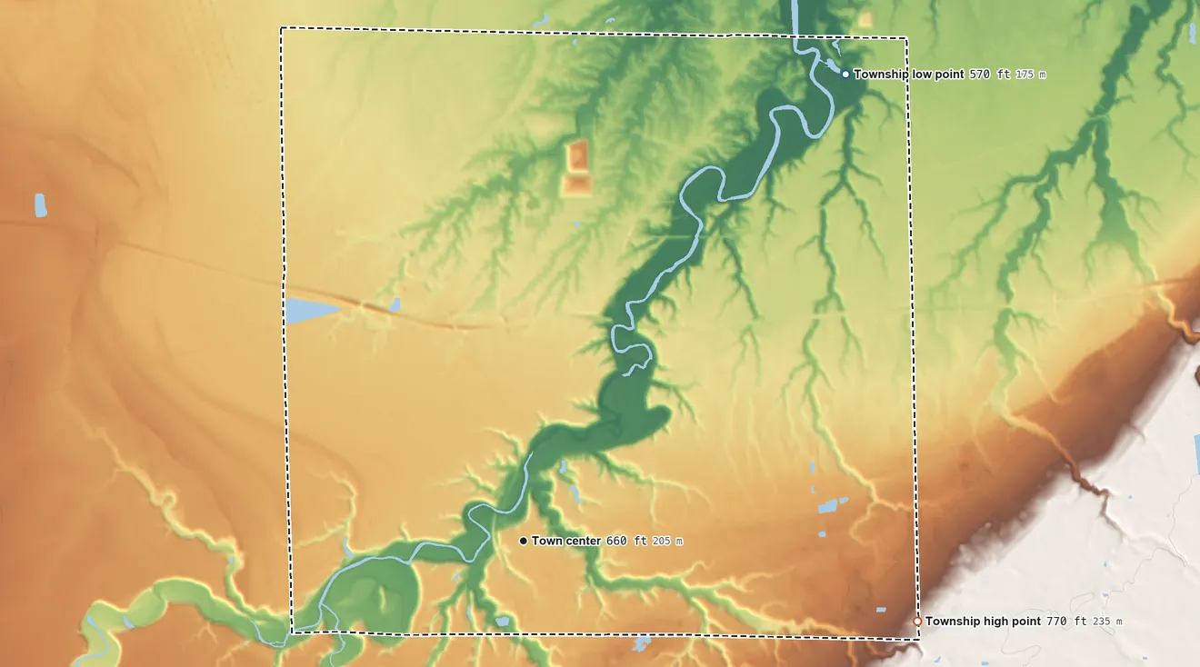 Topographic elevation map of Milan Township, Ohio, shaded from 570 ft on the northeast side to 770 ft on the east side