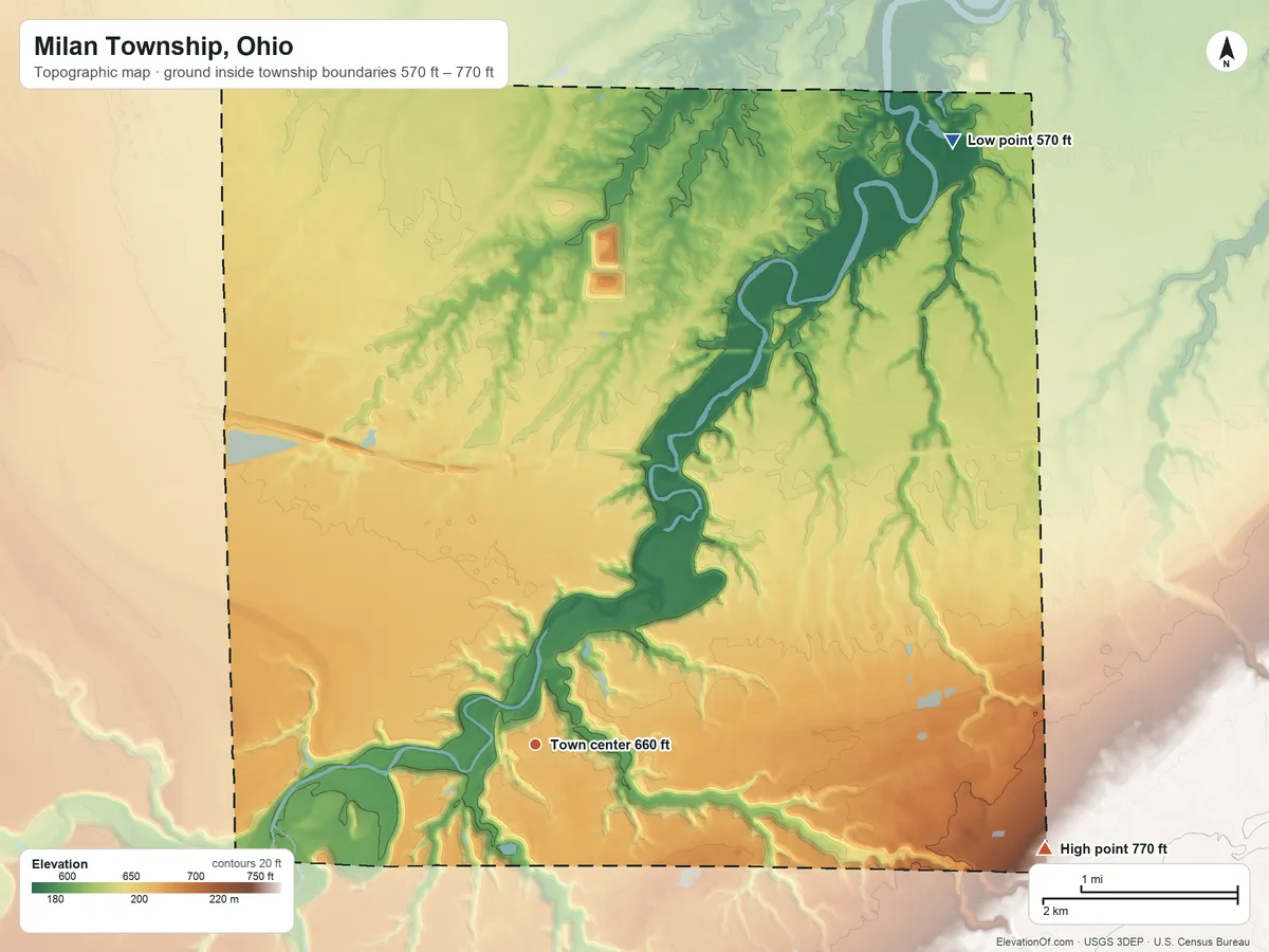 Topographic elevation map of Milan Township, Ohio, shaded from 570 ft on the northeast side to 770 ft on the east side