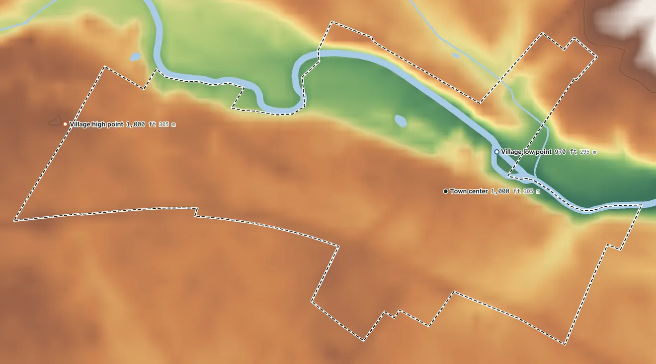 Topographic elevation map of Milford Center, Ohio, shaded from 970 ft near the middle to 1,000 ft on the west side