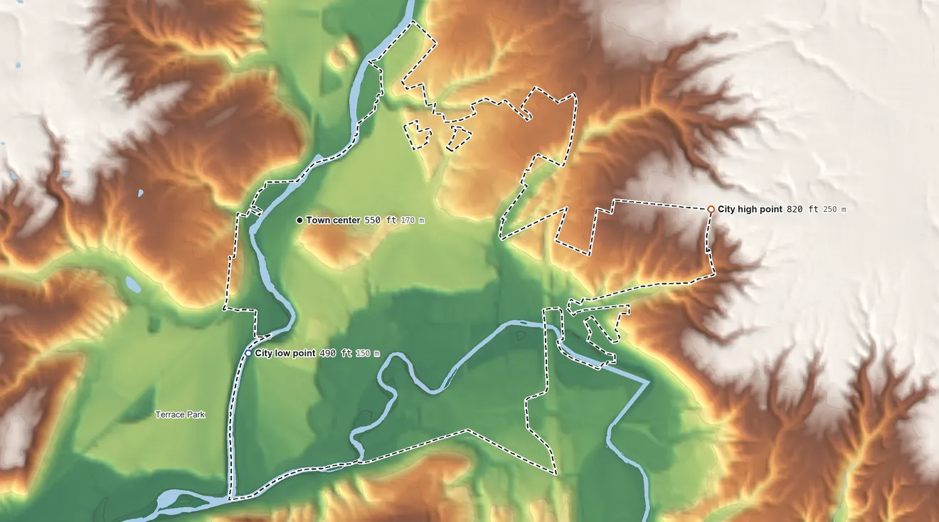 Topographic elevation map of Milford, Ohio, shaded from 490 ft on the south side to 820 ft on the east side