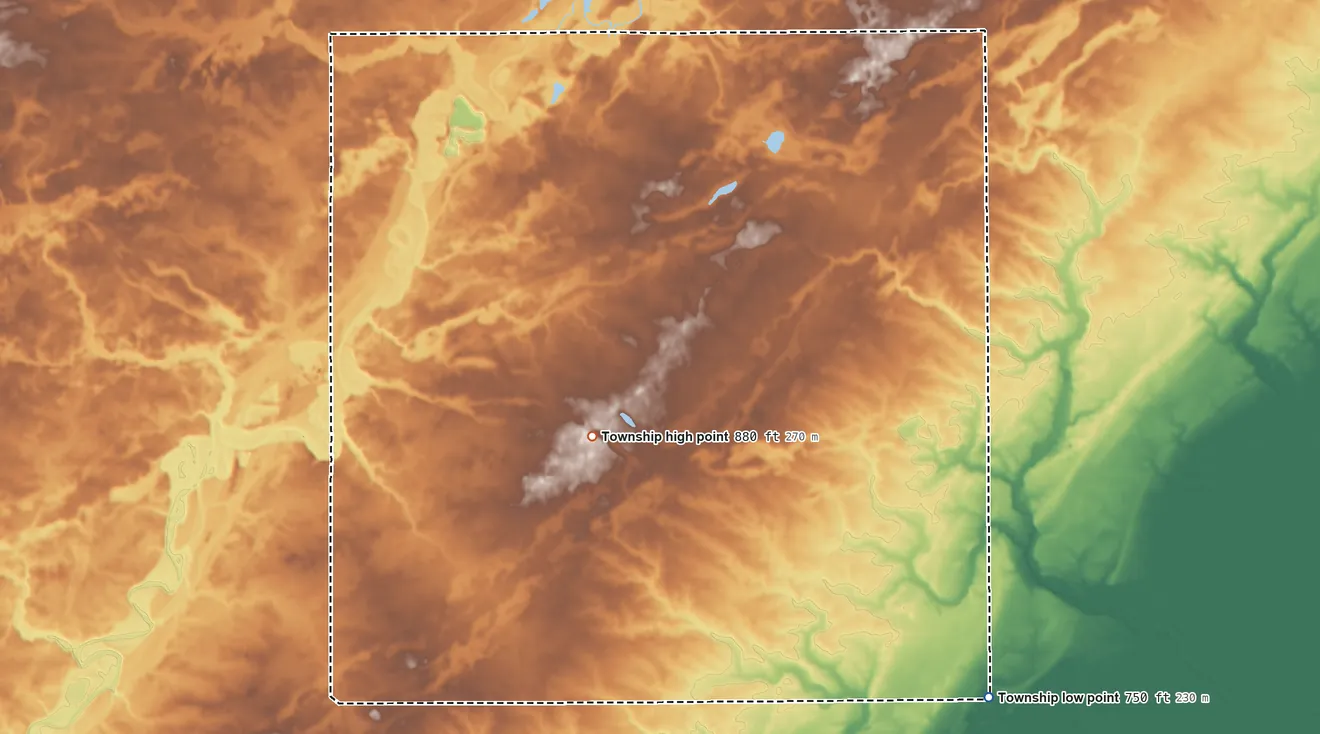 Topographic elevation map of Milford Township, Defiance County, Ohio, shaded from 750 ft on the southeast side to 880 ft near the middle