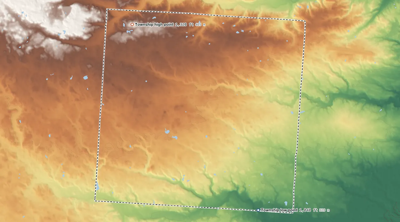 Topographic elevation map of Milford Township, Knox County, Ohio, shaded from 1,040 ft on the southeast side to 1,320 ft on the northwest side