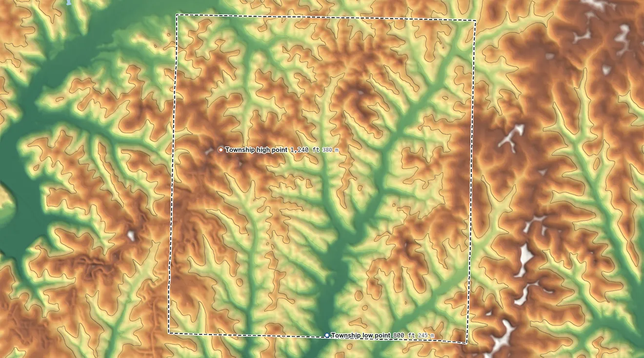 Topographic elevation map of Mill Creek Township, Ohio, shaded from 800 ft on the south side to 1,240 ft on the west side