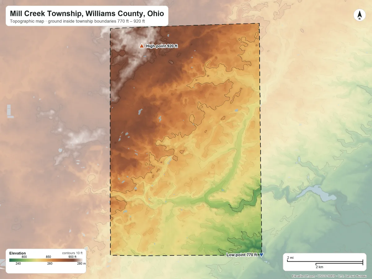 Topographic elevation map of Mill Creek Township, Williams County, Ohio, shaded from 770 ft on the southeast side to 920 ft on the northwest side