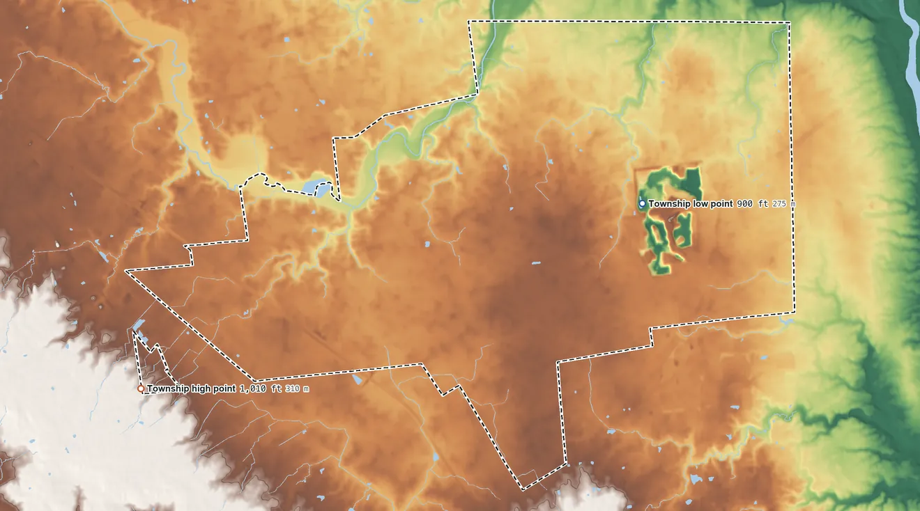 Topographic elevation map of Millcreek Township, Ohio, shaded from 900 ft on the east side to 1,010 ft on the southwest side