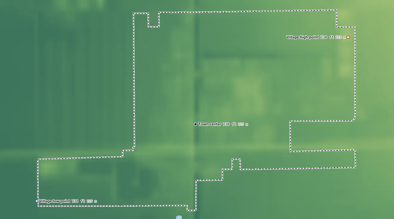 Topographic elevation map of Miller City, Ohio, shaded from 730 ft on the southwest side to 730 ft on the northeast side