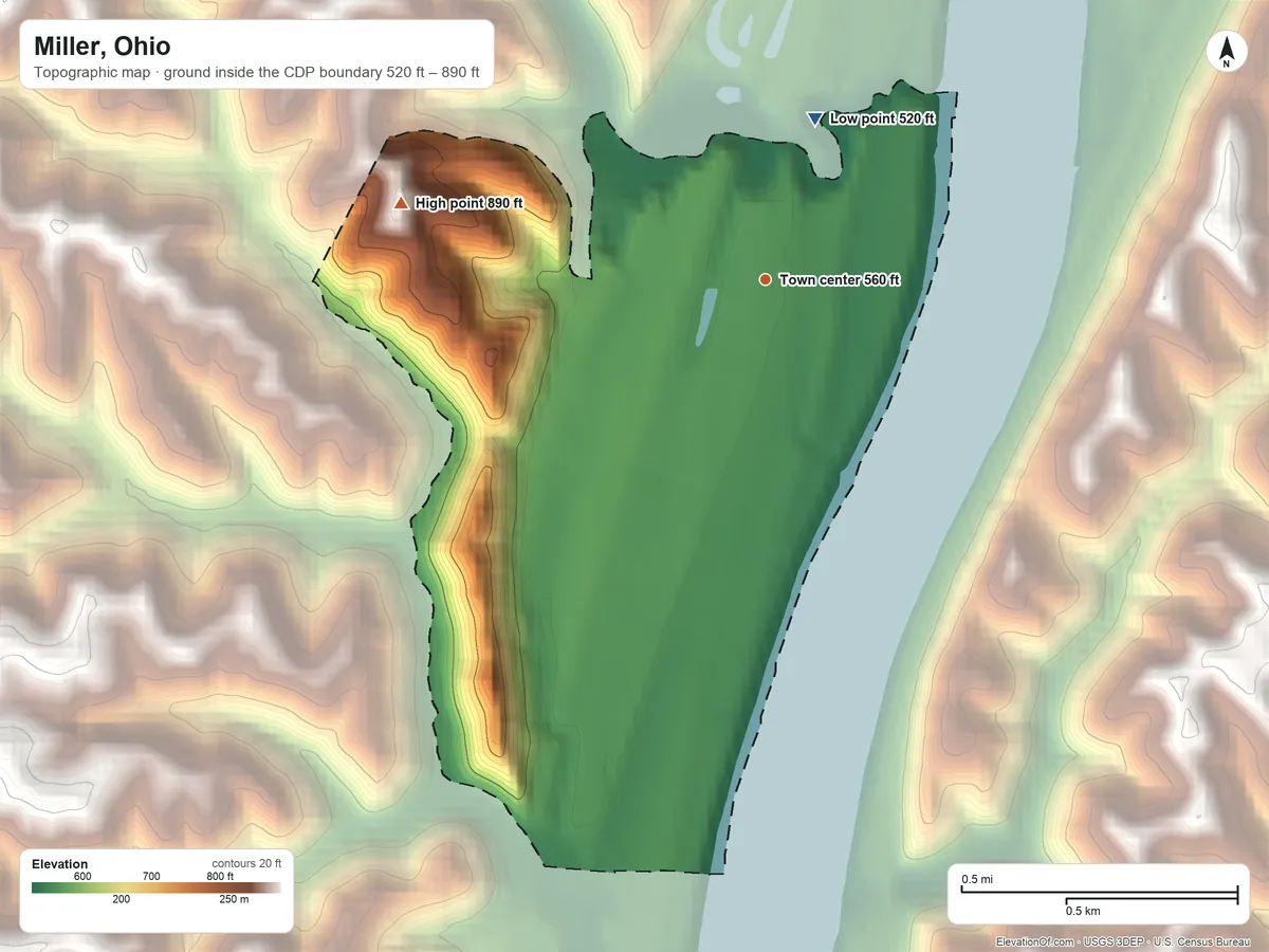 Topographic elevation map of Miller, Ohio, shaded from 520 ft on the north side to 890 ft on the west side