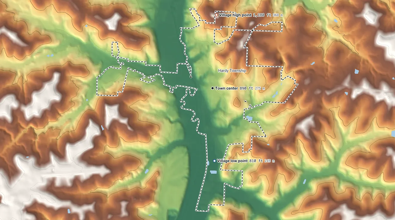 Topographic elevation map of Millersburg, Ohio, shaded from 810 ft on the south side to 1,180 ft on the north side
