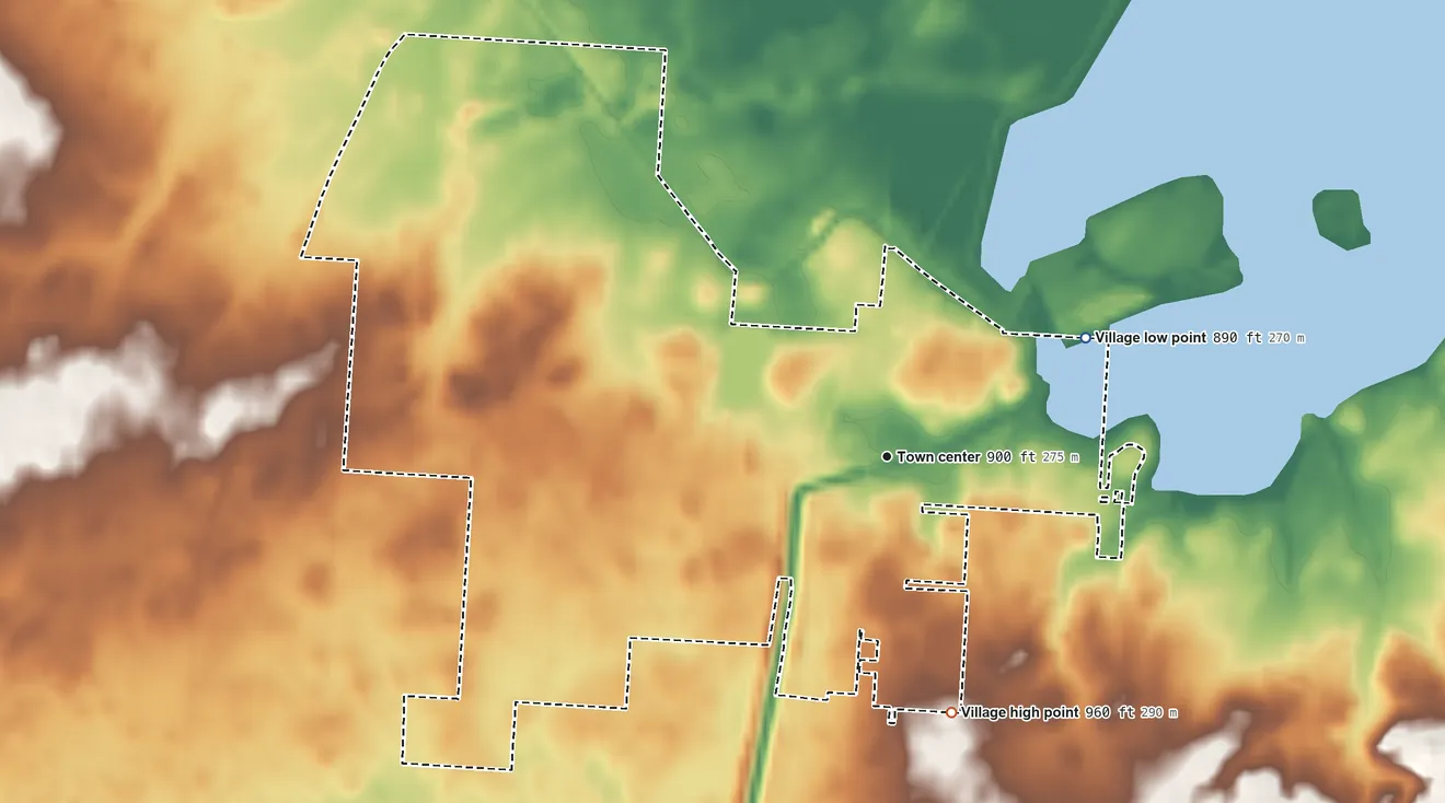 Topographic elevation map of Millersport, Ohio, shaded from 890 ft on the northeast side to 960 ft on the south side