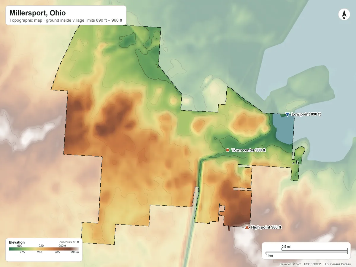 Topographic elevation map of Millersport, Ohio, shaded from 890 ft on the northeast side to 960 ft on the south side
