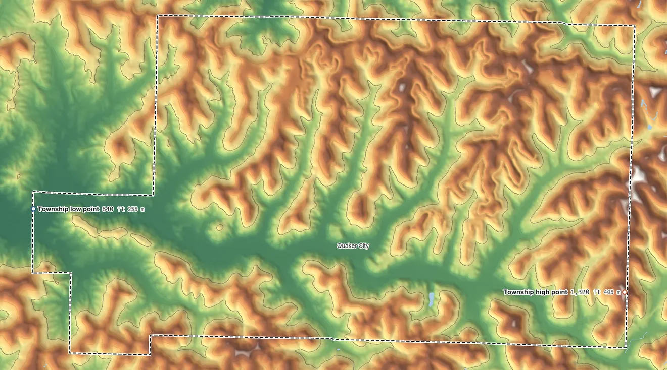 Topographic elevation map of Millwood Township, Ohio, shaded from 840 ft on the west side to 1,320 ft on the east side
