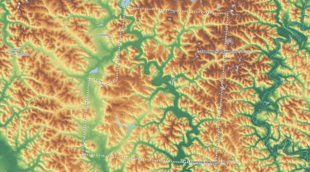 Topographic elevation map of Milton Township, Jackson County, Ohio, shaded from 630 ft on the southeast side to 980 ft on the east side