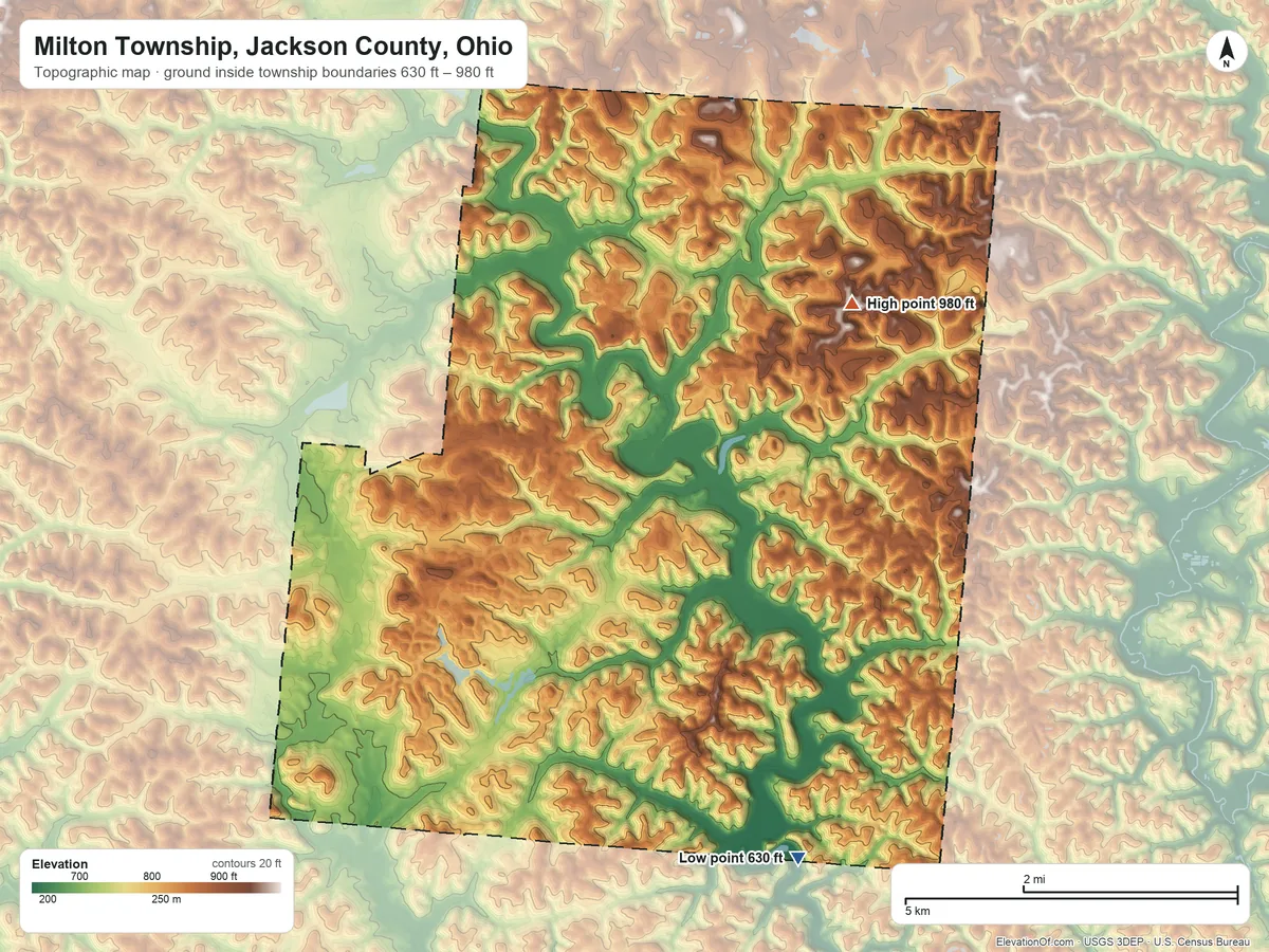 Topographic elevation map of Milton Township, Jackson County, Ohio, shaded from 630 ft on the southeast side to 980 ft on the east side