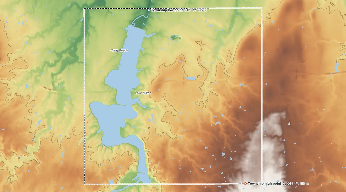 Topographic elevation map of Milton Township, Ohio, shaded from 910 ft on the north side to 1,120 ft on the southeast side