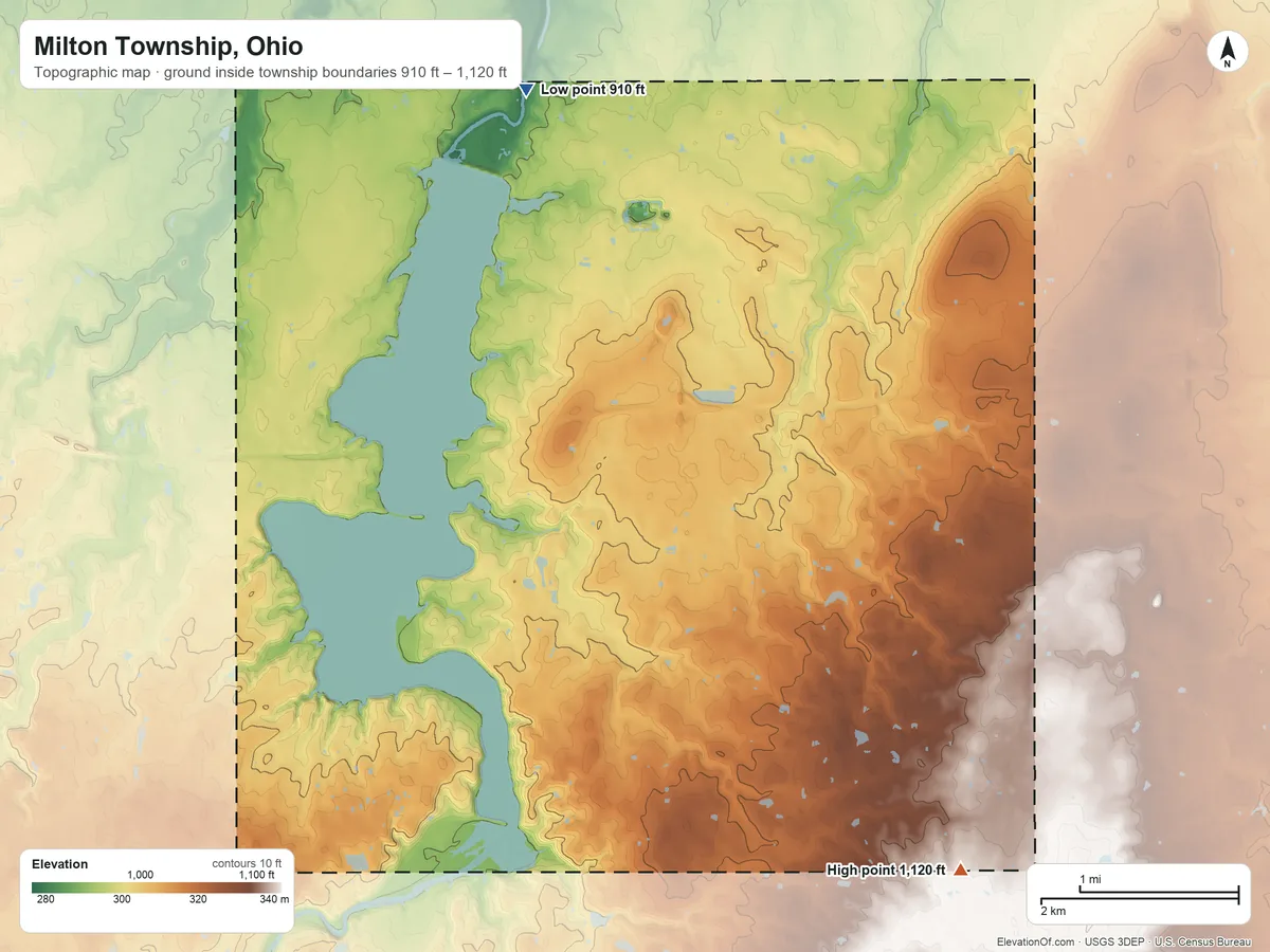 Topographic elevation map of Milton Township, Ohio, shaded from 910 ft on the north side to 1,120 ft on the southeast side