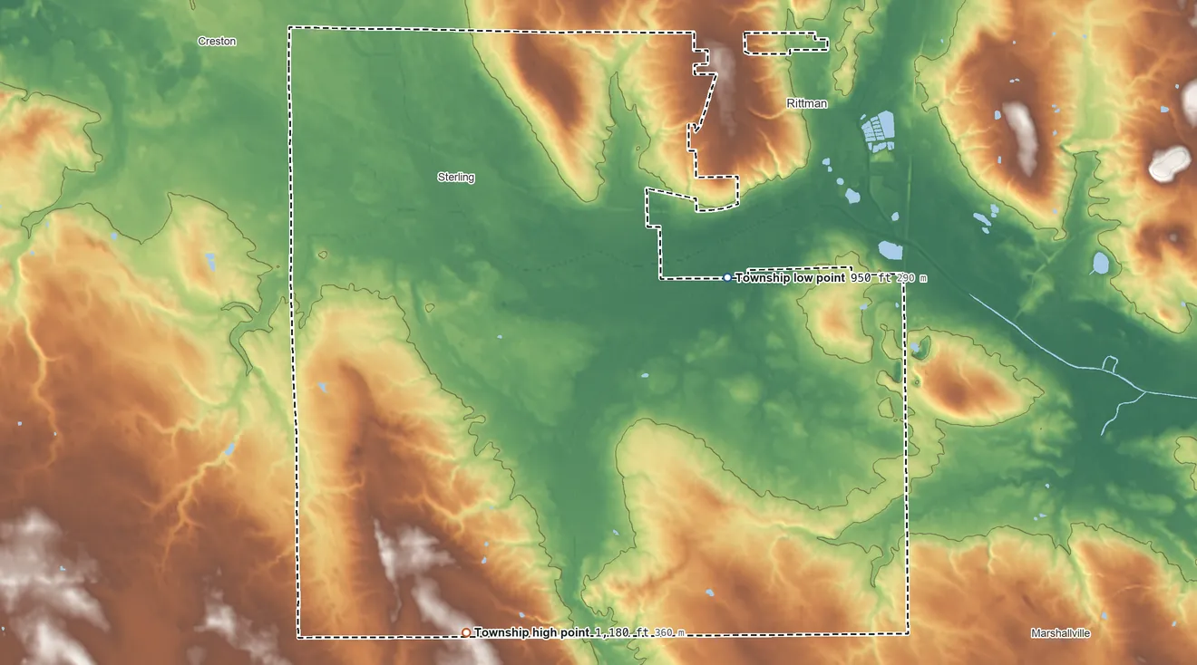 Topographic elevation map of Milton Township, Wayne County, Ohio, shaded from 950 ft on the east side to 1,180 ft on the south side