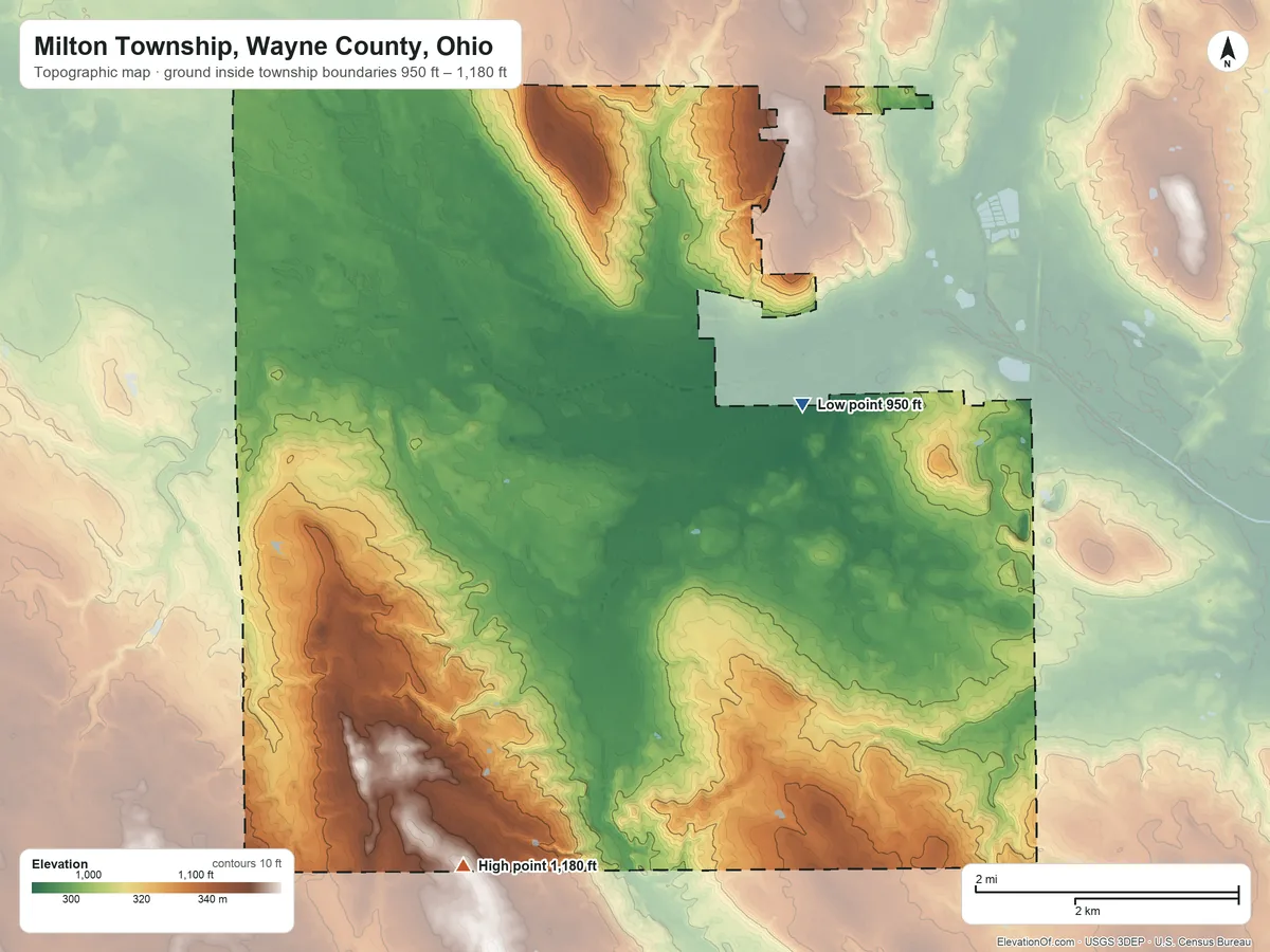 Topographic elevation map of Milton Township, Wayne County, Ohio, shaded from 950 ft on the east side to 1,180 ft on the south side
