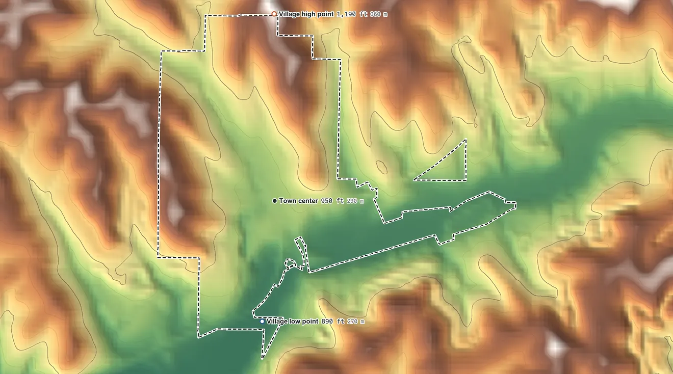 Topographic elevation map of Mineral City, Ohio, shaded from 890 ft on the south side to 1,190 ft on the north side