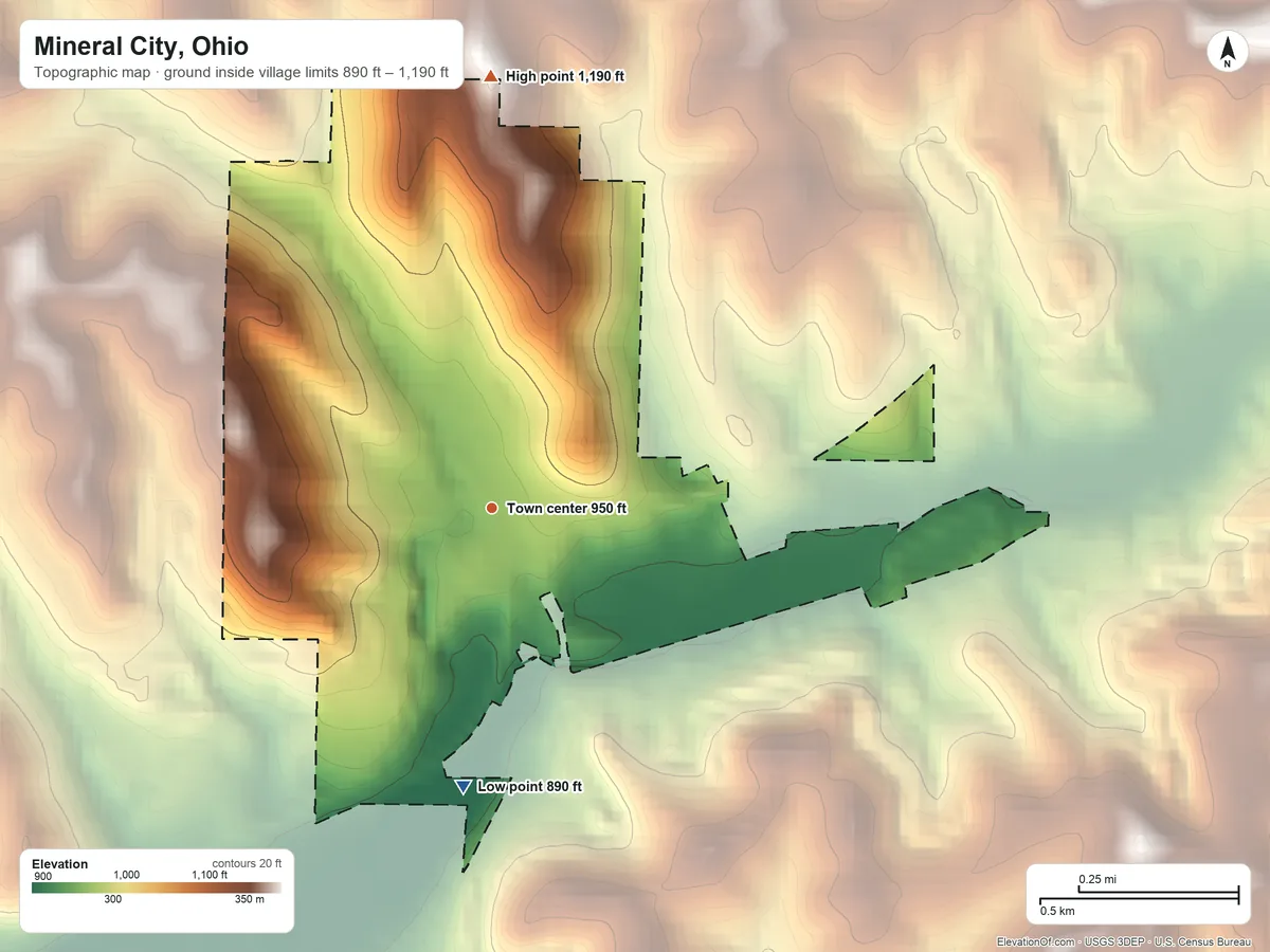 Topographic elevation map of Mineral City, Ohio, shaded from 890 ft on the south side to 1,190 ft on the north side