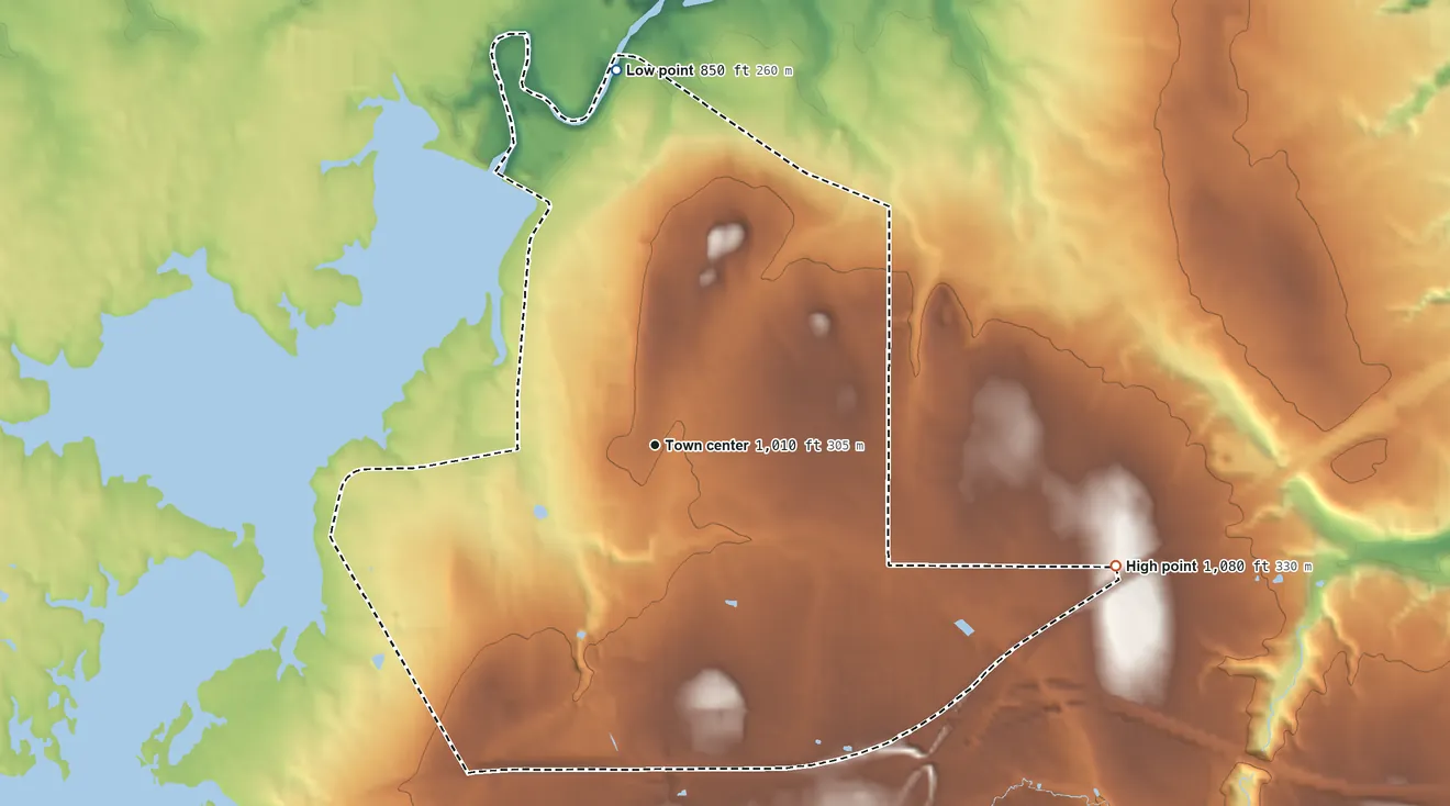 Topographic elevation map of Mineral Ridge, Ohio, shaded from 850 ft on the north side to 1,080 ft on the east side