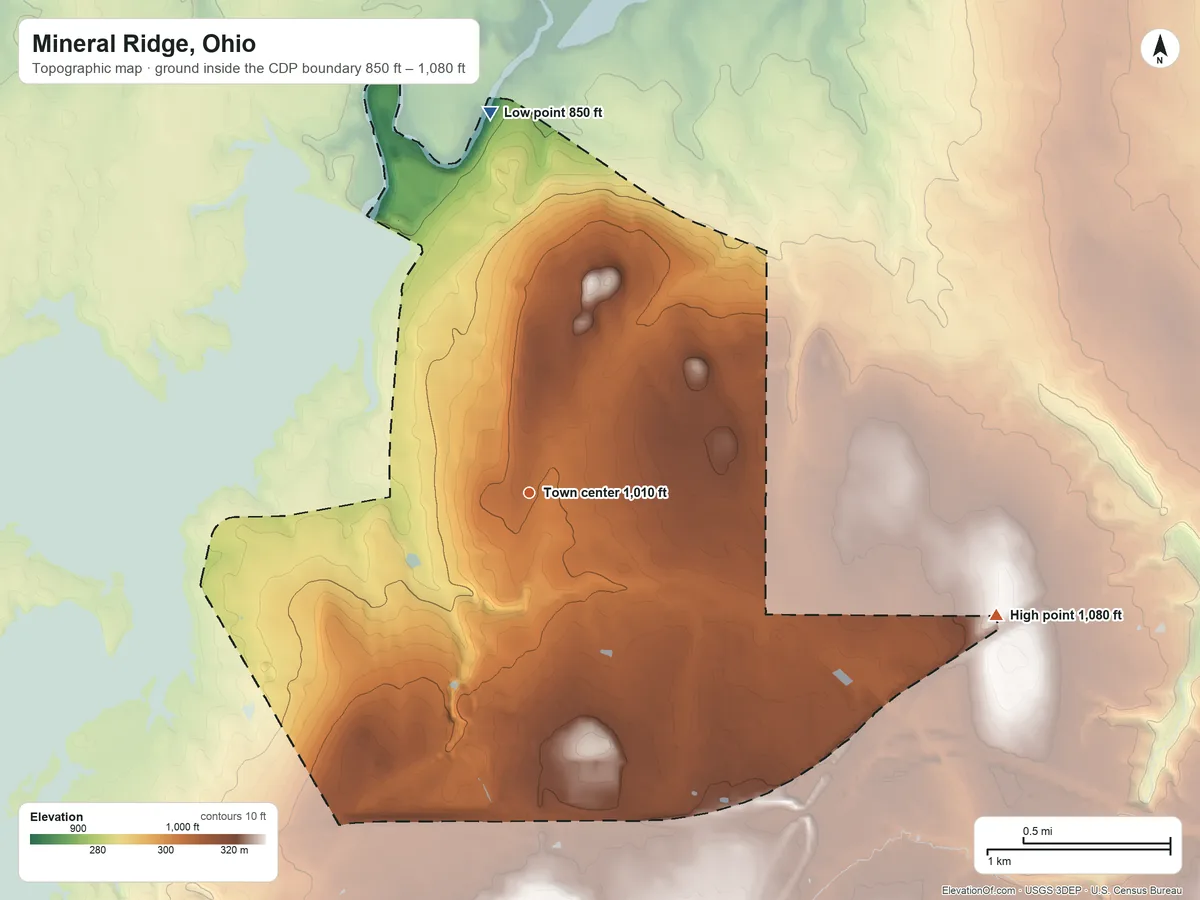 Topographic elevation map of Mineral Ridge, Ohio, shaded from 850 ft on the north side to 1,080 ft on the east side