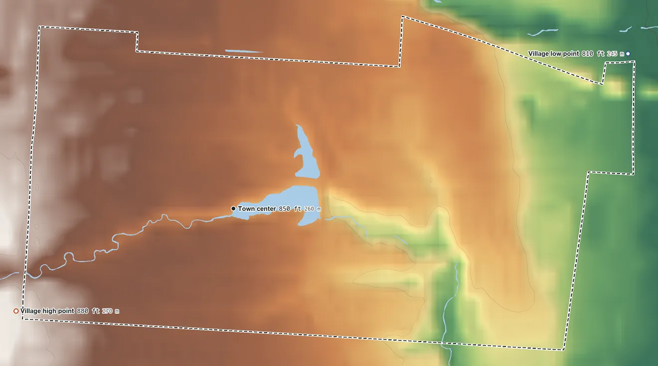 Topographic elevation map of Minerva Park, Ohio, shaded from 810 ft on the east side to 880 ft on the southwest side