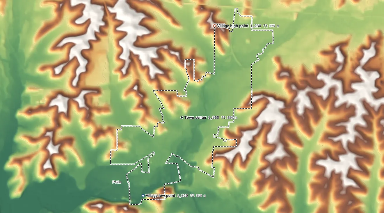 Topographic elevation map of Minerva, Ohio, shaded from 1,020 ft on the southwest side to 1,230 ft on the north side