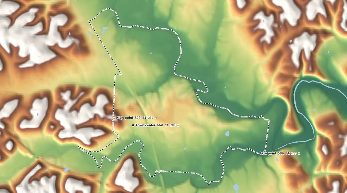 Topographic elevation map of Minford, Ohio, shaded from 580 ft on the east side to 820 ft near the middle