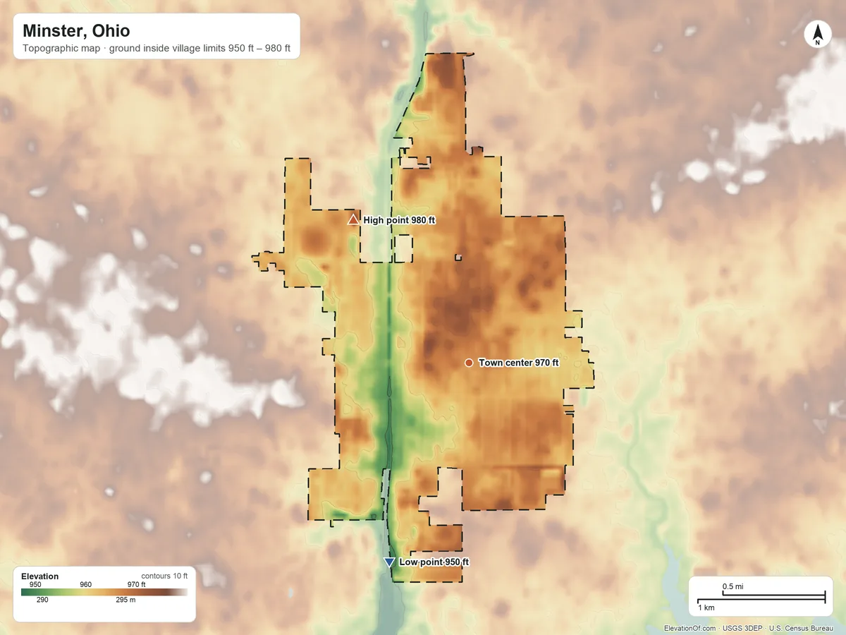 Topographic elevation map of Minster, Ohio, shaded from 950 ft on the south side to 980 ft on the northwest side